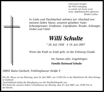 Traueranzeige von Willi Schulte von Tageszeitung