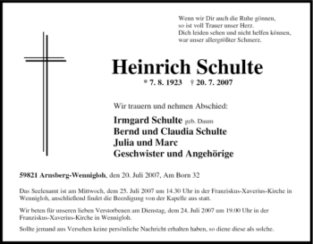 Traueranzeige von Heinrich Schulte von Tageszeitung