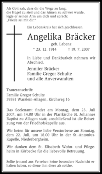 Traueranzeige von Angelika Bräcker von Tageszeitung