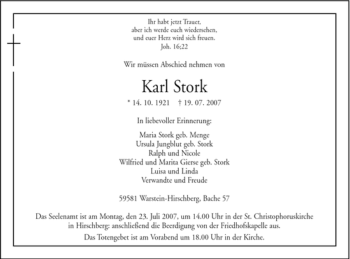 Traueranzeige von Karl Stork von Tageszeitung