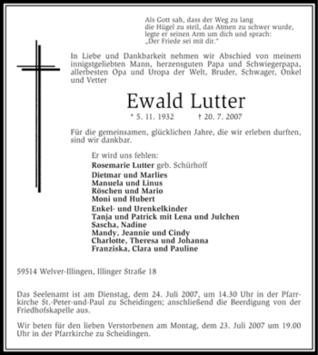 Traueranzeige von Ewald Lutter von Tageszeitung