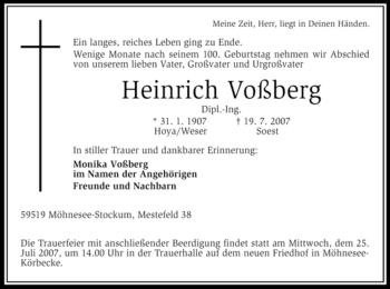 Traueranzeige von Heinrich Voßberg von Tageszeitung