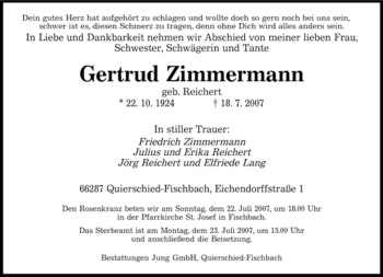 Traueranzeige von Gertrud Zimmermann von Tageszeitung