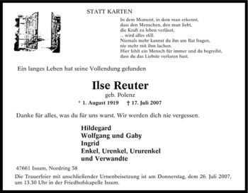 Traueranzeige von Ilse Reuter von Tageszeitung