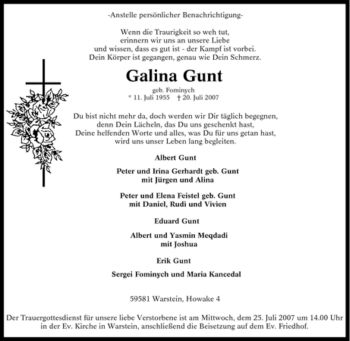 Traueranzeige von Galina Gunt von Tageszeitung
