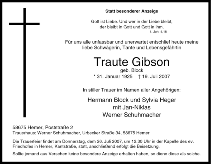  Traueranzeige für Traute Gibson vom 23.07.2007 aus Tageszeitung