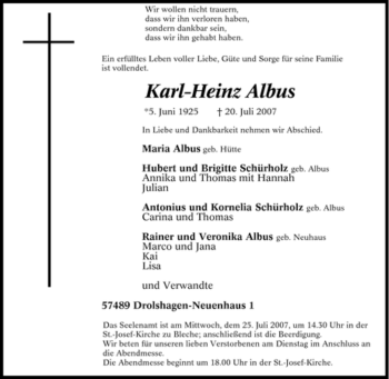 Traueranzeige von Karl-Heinz Albus von Tageszeitung