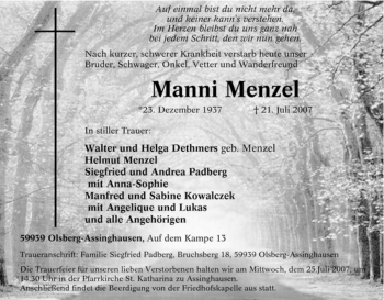 Traueranzeige von Manni Menzel von Tageszeitung