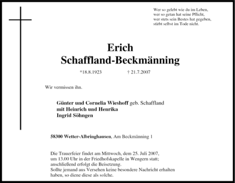  Traueranzeige für Erich Schaffland-Beckmänning vom 23.07.2007 aus Tageszeitung