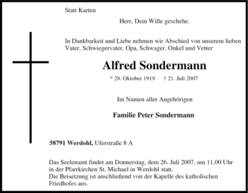 Traueranzeige von Alfred Sondermann von Tageszeitung