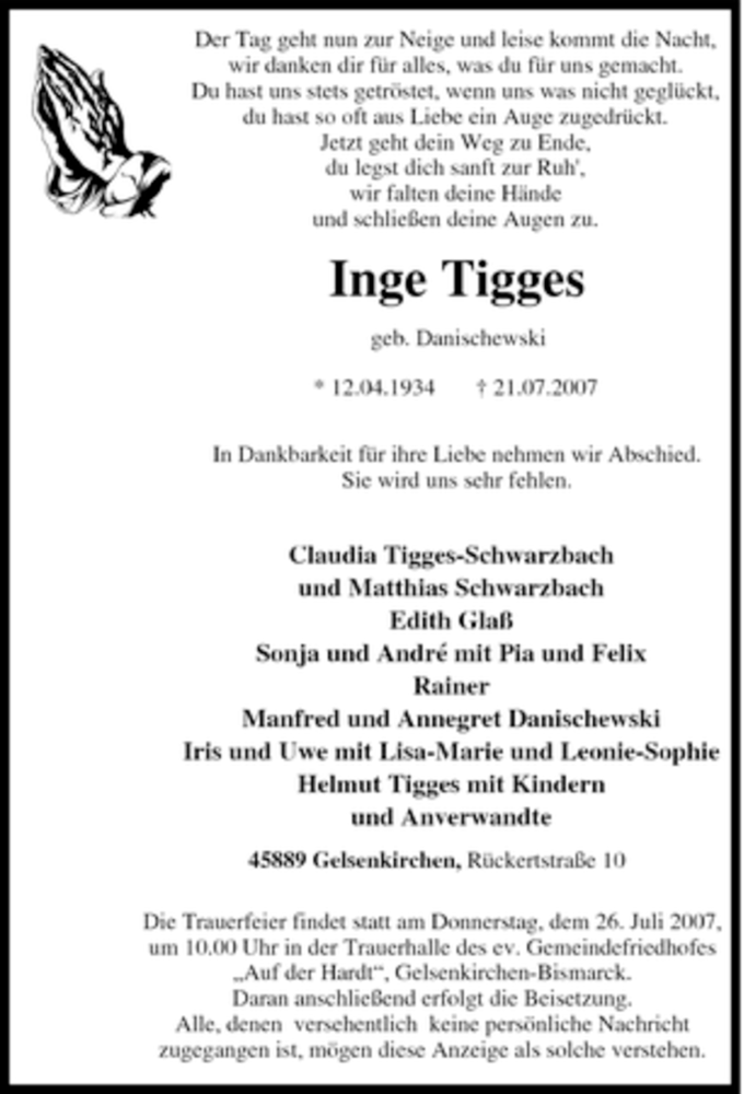  Traueranzeige für Inge Tigges vom 23.07.2007 aus Tageszeitung