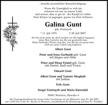 Traueranzeige von Galina Gunt von Tageszeitung