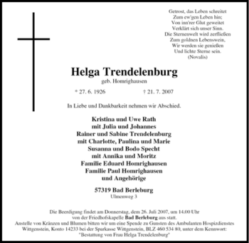 Traueranzeige von Helga Trendelenburg von Tageszeitung