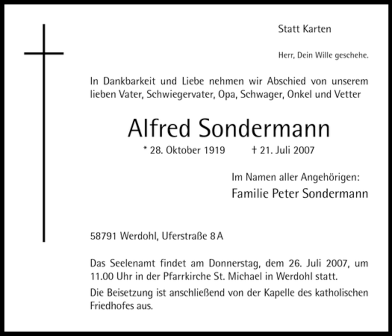  Traueranzeige für Alfred Sondermann vom 23.07.2007 aus Tageszeitung