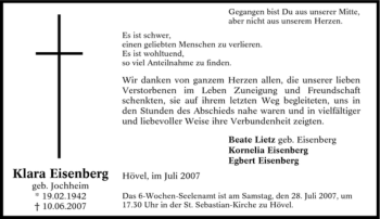 Traueranzeige von Klara Eisenberg von Tageszeitung