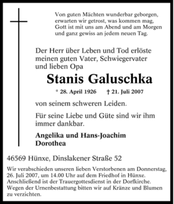Traueranzeige von Stanis Galuschka von Tageszeitung
