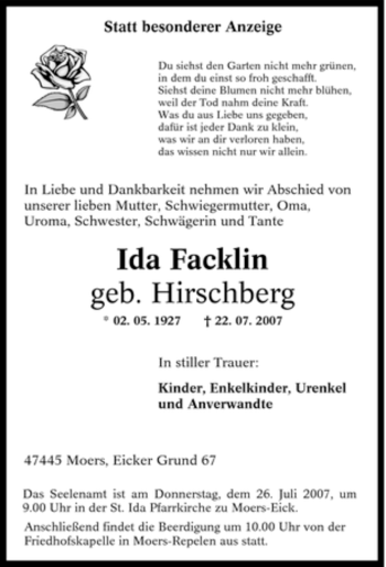 Traueranzeige von Ida Facklin von Tageszeitung