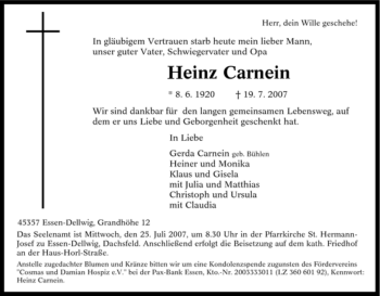 Traueranzeige von Heinz Carnein von Tageszeitung