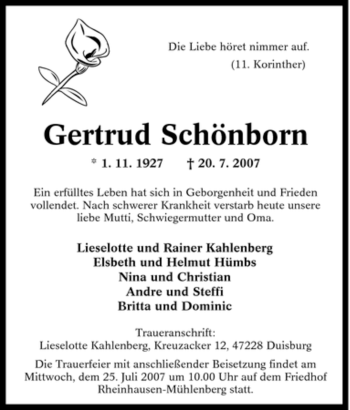 Traueranzeige von Gertrud Schönborn von Tageszeitung