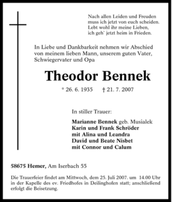 Traueranzeige von Theodor Bennek von Tageszeitung