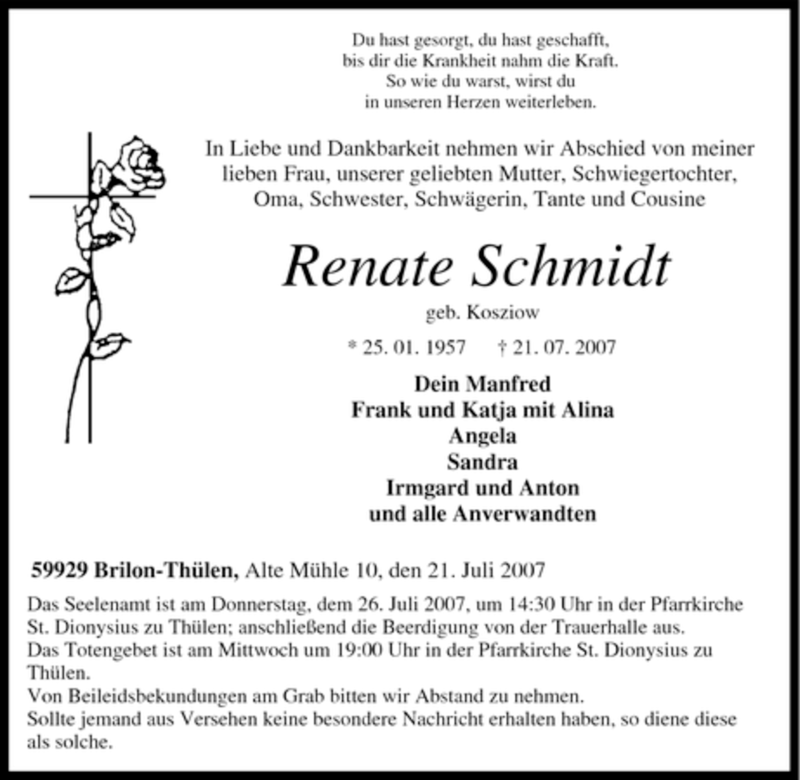  Traueranzeige für Renate Schmidt vom 24.07.2007 aus Tageszeitung