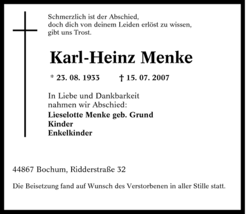 Traueranzeigen von KarlHeinz Menke TrauerinNRW.de