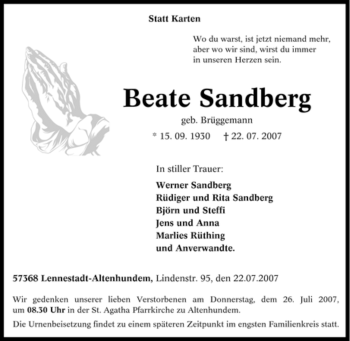 Traueranzeige von Beate Sandberg von Tageszeitung