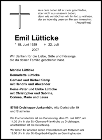 Traueranzeige von Emil Lütticke von Tageszeitung