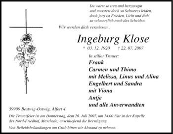 Traueranzeige von Ingeburg Klose von Tageszeitung