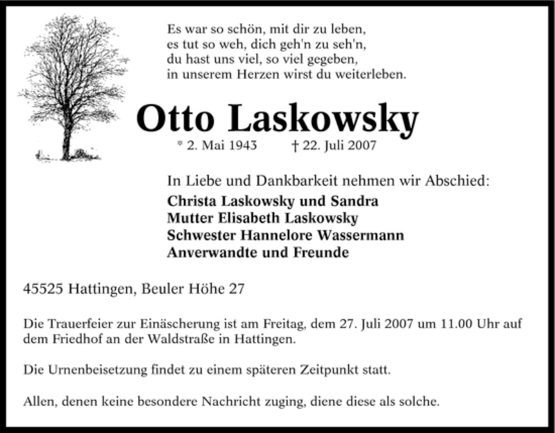  Traueranzeige für Otto Laskowsky vom 24.07.2007 aus Tageszeitung
