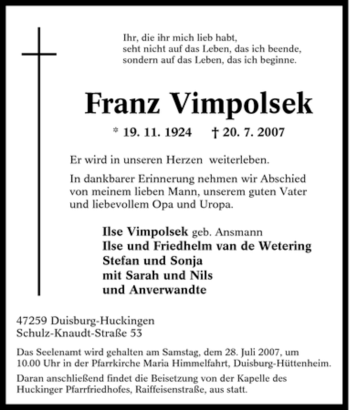 Traueranzeige von Franz Vimpolsek von Tageszeitung
