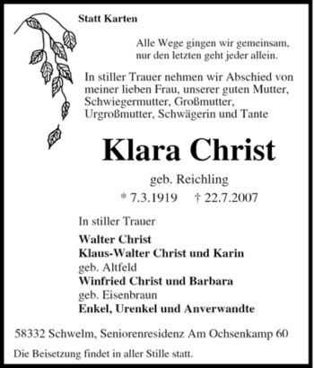 Traueranzeige von Klara Christ von Tageszeitung
