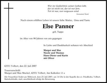Traueranzeige von Else Panner von Tageszeitung