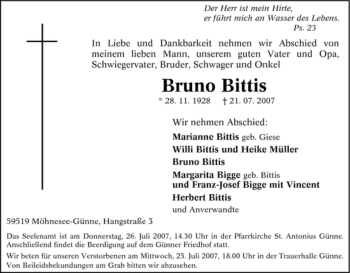 Traueranzeige von Bruno Bittis von Tageszeitung