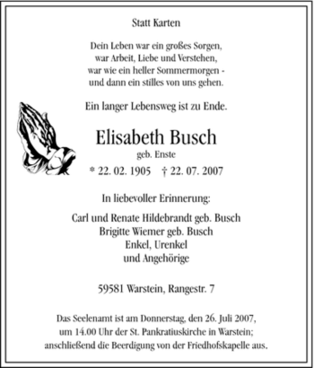Traueranzeige von Elisabeth Busch von Tageszeitung