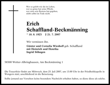 Traueranzeige von Erich Schaffland-Beckmänning von Tageszeitung