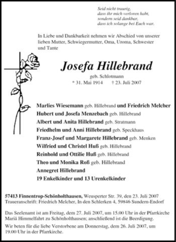 Traueranzeige von Josefa Hillebrand von Tageszeitung