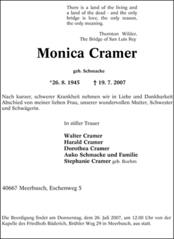 Traueranzeige von Monica Cramer von Tageszeitung