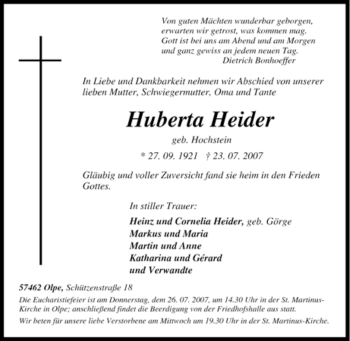 Traueranzeige von Huberta Heider von Tageszeitung