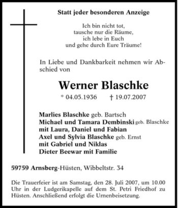 Traueranzeige von Werner Blaschke von Tageszeitung