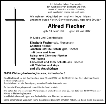 Traueranzeige von Alfred Fischer von Tageszeitung