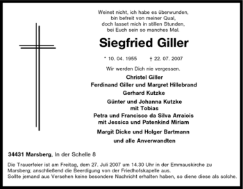 Traueranzeige von Siegfried Giller von Tageszeitung