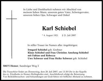 Traueranzeige von Karl Schiebel von Tageszeitung