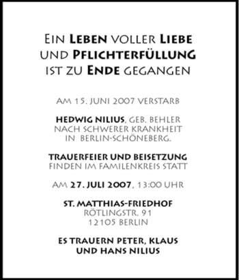 Traueranzeige von Hedwig Nilius von Tageszeitung