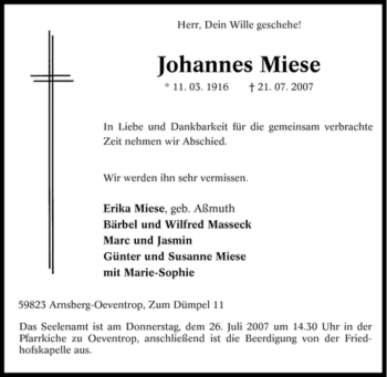 Traueranzeige von Johannes Miese von Tageszeitung
