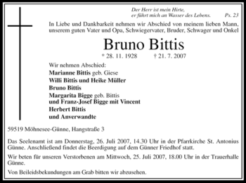 Traueranzeige von Bruno Bittis von Tageszeitung