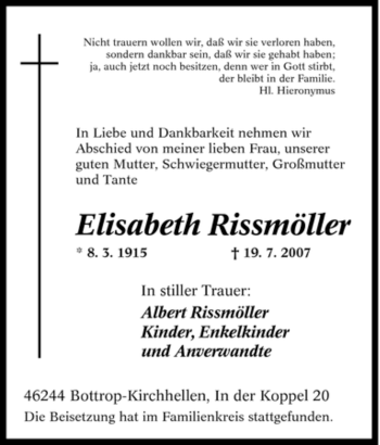 Traueranzeige von Elisabeth Rissmöller von Tageszeitung