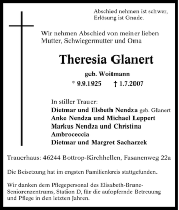 Traueranzeige von Theresia Glanert von Tageszeitung