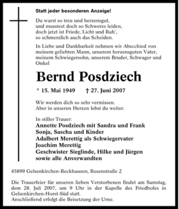 Traueranzeige von Bernd Posdziech von Tageszeitung