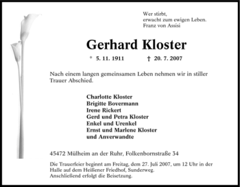 Traueranzeige von Gerhard Kloster von Tageszeitung